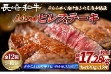 B400 【12回定期便】長崎和牛 A4等級 ヒレステーキ 120g×12枚 総量144枚 17.28kg【田中精肉店】ヒレ フィレ ステーキ 赤身 和牛 黒毛和牛 牛肉 希少部位 定期便
