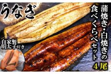 AE013うなぎ蒲焼き・白焼きの食べくらべセット（１７０ｇ×計４尾）、自家製明太子セット（８０ｇ×２）