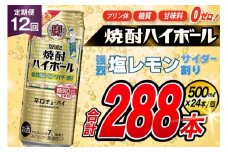 AJ394 【12回定期便】タカラ 焼酎ハイボール 強烈塩レモンサイダー割り 500ml 24本 [ タカラ 宝 寶 Takara 定期便 焼酎 酎ハイ チューハイ ハイボール 7% 人気 ご自宅用 日常使い 普段使い 健康志向 プリン体ゼロ 糖質ゼロ 甘味料ゼロ プリン体０ 糖質０ 甘味料０ みつい 長崎県 島原市 ]