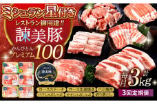 【3回定期便】諫早平野の米で育てた諫美豚プレミアム100お勧めセット3kg / 諫美豚 豚肉 肩ロース ステーキ モモ 切り落とし ハンバーグ ロースステーキ / 諫早市 / 株式会社土井農場 [AHAD024]
