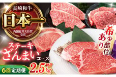 【6回定期便】 長崎和牛 ステーキざんまいコース 総計2.5kg / モモ リブロース イチボ サーロイン ランプ ヒレ / 肉 牛肉 ステーキ 焼肉 / 諫早市 / 野中精肉店 [AHCW085]