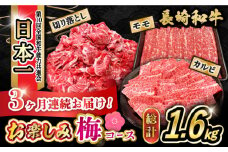 【3回定期便】長崎和牛お楽しみセット 梅コース（焼き肉 用 カルビ・すき焼き 用 モモ・切り落とし）/ 長崎和牛 和牛 牛肉 肉 / 大村市 / かとりストアー[ACAN065]
