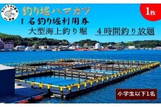 【釣り堀ハマカツ】1名釣り堀利用券(小学生以下1名)( 釣り 釣り堀 釣堀 海上 海釣り 魚釣り ブリ 鰤 タイ 鯛 ハマチ ヒラマサ 持ち帰り 釣り放題 エサ 餌 レンタル アウトドア 小学生以下 子供 )【C2-042】