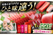 【全12回定期便】対馬産 本マグロ 4種 計550g（赤身/中トロ/大トロ/ネギトロ）《対馬市》 【対海】[WAH017] マグロ まぐろ 鮪 本鮪 本マグロ 養殖 トロ 中トロ 中とろ 大トロ 大とろ 赤身 ねぎとろ ネギトロ たたき 刺身 冷凍 海鮮 魚 柵 お祝い 贈答 定期便 毎月届く