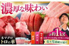 【全6回定期便】対馬産 本マグロ 約1kg（赤身400g、中トロ400g、切り落とし210g） ≪対馬市≫【桐谷商店】 トロの華 対馬 新鮮 マグロ 赤身 トロ 切り落とし 鮪 刺身 [WAQ085]