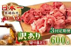 【全3回定期便】【A4～A5ランク】【訳あり】長崎和牛 モモ・バラ 切り落とし 600g《壱岐市》【野中精肉店】 黒毛和牛 牛肉 和牛 訳アリ 赤身 モモ バラ ワケあり 小間切れ [JGC019]