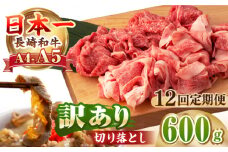 【全12回定期便】【A4～A5ランク】【訳あり】長崎和牛 モモ・バラ 切り落とし 600g《壱岐市》【野中精肉店】 黒毛和牛 牛肉 和牛 訳アリ 赤身 モモ バラ ワケあり 小間切れ [JGC021]