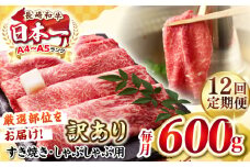 【全12回定期便】【訳あり】【A4〜A5ランク】 長崎和牛 赤身 霜降り しゃぶしゃぶ・すき焼き用 600g（肩・モモ）《壱岐市》【株式会社MEAT PLUS】 肉 牛肉 黒毛和牛 冷凍配送 訳あり しゃぶしゃぶ用 すき焼用 A4 A5 [JGH094]
