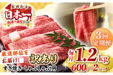 【全3回定期便】【訳あり】【A4〜A5ランク】 長崎和牛 赤身 霜降り しゃぶしゃぶ・すき焼き用 1.2kg(600g×2パック)（肩・モモ）《壱岐市》【株式会社MEAT PLUS】 肉 牛肉 訳あり しゃぶしゃぶ用 すき焼用 A5 [JGH100]