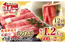 【全12回定期便】【訳あり】【A4〜A5ランク】 長崎和牛 赤身 霜降り しゃぶしゃぶ・すき焼き用 1.2kg(600g×2パック)（肩・モモ）《壱岐市》【株式会社MEAT PLUS】 肉 牛肉 訳あり しゃぶしゃぶ用 すき焼用 A5 [JGH102]