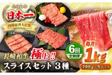 【全6回定期便】【A4〜A5ランク】長崎和牛 スライスセット 1kg（モモ400g・肩ロース400g・リブロース200g）《壱岐市》【シュシュ】 牛 牛肉 和牛 国産 長崎和牛 しゃぶしゃぶ すき焼  リブロース 冷凍配送 A5 小分け [JGE056]