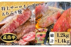 【日時指定必須】五島 牛 特上 サーロイン ブロック 約400g〜500g ×2・あぶり焼×2 国産牛 牛肉 ブランド牛 セット ソース付 五島市 / 鬼岳牧場 [PEK005]