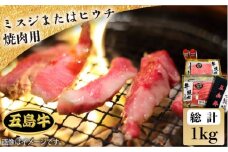 【日時指定必須】五島 牛 ミスジ または ヒウチ 焼肉用 約1kg（自家製たれ付き）国産牛 牛肉 ブランド牛 セット ソース付 五島市/鬼岳牧場 [PEK015]