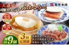 【全3回定期便】長崎角煮まんじゅう3個・大とろ角煮まんじゅう3個・長崎角煮まぶし3袋 豚肉 東坡肉 ふわふわ ほかほか 五島市/岩崎本舗 [PFL026] 冷凍 豚 豚角煮 角煮饅頭 簡単調理 お取り寄せ