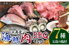 【鮮魚！エビイカ！サザエ！肉】五島を味わう海鮮BBQセット（海水塩 五島灘のめぐみ【焼塩】付）五島市/鯛福丸水産 [PDP010]   海鮮 えび いか さざえ BBQ セット 魚 牛肉 豚肉
