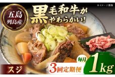 【全3回定期便】五島列島産 黒毛和牛 スジ 1kg 五島市/山口Farm [PGJ026]