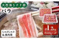 大西海 SPF豚 バラ 焼肉＆しゃぶしゃぶ 計1.2kg（600g×2パック） 訳あり ＜大西海ファーム＞ [CEK033]  長崎 西海 豚肉 国産豚 BBQ 焼肉 贈答 ギフト スライス しゃぶしゃぶ 鍋 