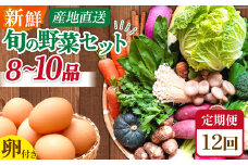 【12回毎月コース】雲仙のめぐみ 旬の野菜セット (S)【卵6個付き】 8～10品目セット [長崎県農産品流通 長崎県 雲仙市 item1575] 野菜 定期 野菜セット フルーツ 果物 くだもの 卵 たまご