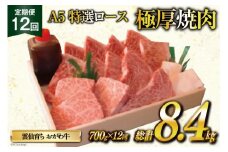 定期便 12回 牛肉 雲仙育ち おがわ牛 A5 特選 ロース 極厚焼肉 総計8.4kg(700g×12回) [焼肉おがわ 長崎県 雲仙市 item2121] 黒毛和牛 冷凍
