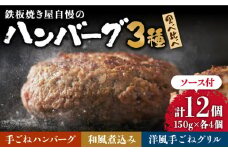 鉄板焼き屋自慢の ハンバーグ 食べ比べ 12個（3種類×2個） ソース付 / ハンバーグ 手ごね 洋食 和風ソース 冷凍  焼くだけ /南島原市 / はなぶさ [SCN036]