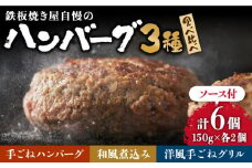 鉄板焼き屋自慢の ハンバーグ 食べ比べ 6個（3種類×2個） ソース付 / ハンバーグ 手ごね 洋食 和風ソース 冷凍  焼くだけ / 南島原市 / はなぶさ [SCN037]
