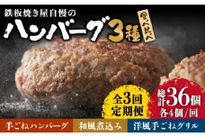 【3回定期便】鉄板焼き屋自慢の ハンバーグ 食べ比べ  3種類 ソース付き 150g×各4個 計12個  / ハンバーグ はんばーぐ 弁当 おかず 鉄板焼き / 南島原市 / はなぶさ [SCN091]