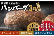【12回定期便】鉄板焼き屋自慢の ハンバーグ 食べ比べ  3種類 ソース付き 150g×各4個 計12個 / ハンバーグ はんばーぐ 弁当 おかず 鉄板焼き / 南島原市 / はなぶさ [SCN093]