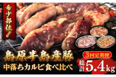 【3回 定期便 】希少部位！島原半島産豚 中落ちカルビ 食べ比べセット 総計5.4kg / 豚 豚肉 カルビ 味付け肉 フライパン 焼くだけ おかず 焼肉 / 南島原市 / はなぶさ [SCN129]