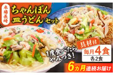 【6回定期便】冷凍 長崎ちゃんぽん 皿うどん セット 4食 （ちゃんぽん1食×2、皿うどん1食×2）/ ちゃんぽん チャンポン さらうどん 皿ウドン 長崎 スープ付き 麺 具入り / 南島原市 / 狩野食品 [SDE012]