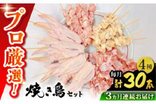 【3回定期便】九州産 鶏三昧 焼き鳥セット 4種類 30本 / やきとり ヤキトリ 焼鳥 串セット 国産 冷凍 小分け / 南島原市 / ふるさと企画 [SBA081]