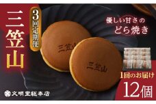 【全3回定期便】 どら焼き 三笠山 1箱 (12個入り) 長与町/文明堂総本店 [EAK014] どら焼き どらやき ギフト 人気 和菓子 スイーツ 焼菓子 お菓子 熨斗 個包装 高級 有名 お取り寄せ 定期 定期便