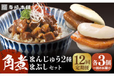 【全12回定期便】【簡易包装】角煮3種 計9個（長崎角煮まんじゅう3個/大とろ角煮まんじゅう3個/角煮まぶし3袋） 長与町/岩崎本舗 [EAB006] 岩崎 岩崎本舗 定期 定期便