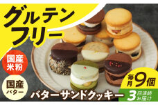 【3回定期便】バターサンドクッキー 9個 長与町/ Lilla Lotta（リラロッタ） [EBR026]グルテンフリースイーツ スイーツ すいーつ 米粉 こめこ 焼菓子 詰め合わせ お菓子 クッキー クッキーサンド バターサンド ばたーさんど 冷凍 個包装 人気 ランダム おかし 定期便 ていきびん