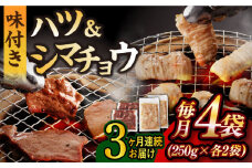 【全3回定期便】【塩だれ】九州産和牛 ホルモン2種 計1kg（ ハツ 250g×2袋・ シマチョウ 250g×2袋） 長与町/岩永ホルモン [EAX135] ホルモン焼き 国産 牛肉 ホルモン ミックス 小分け 味付き 冷凍 焼肉 焼き肉 和牛 塩 しお 牛 定期便 ていきびん 定期