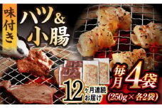【全12回定期便】【塩だれ】九州産和牛 ホルモン 2種 計1kg（ ハツ 250g×2袋・ 小腸 250g×2袋） 長与町/岩永ホルモン [EAX141] ホルモン焼き 国産 牛肉 ホルモン ミックス 小分け 味付き 冷凍 焼肉 焼き肉 和牛 塩 しお 牛 定期便 ていきびん 定期