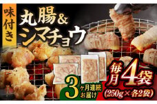 【全3回定期便】【塩だれ】九州産和牛 ホルモン 2種 計1kg（ シマチョウ 250g×2袋・ 丸腸 250g×2袋） 長与町/岩永ホルモン [EAX151] ホルモン焼き 国産 牛肉 ホルモン ミックス 小分け 味付き 冷凍 焼肉 焼き肉 和牛 塩 しお 牛 定期便 ていきびん 定期