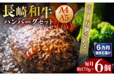 【6回定期便】長崎和牛 ハンバーグセット 約170g×6個 【年間1万個売れる！】A4-A5 長与町/meat shop FUKU [ECS007] 国産 牛肉100% ハンバーグ はんばーぐ A5 A4 調理済み 冷凍 定期便 定期 ていきびん
