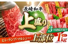 【3回定期便】長崎和牛 焼肉盛り合わせA4-A5（上盛）約1kg 長与町/meat shop FUKU [ECS010] 焼肉 焼き肉 やきにく 国産 和牛 焼肉セット A5 牛肉 食べ比べ 赤身 1kg 焼肉用 冷凍 定期便 定期 ていきびん