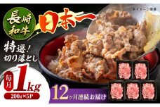 【12回定期便】長崎和牛 特選切り落とし A4-A5 約1kg（200g×5パック） 長与町/meat shop FUKU [ECS020] 切り落とし きりおとし 牛肉 1kg すきやき 国産 和牛 A4 A5 国産切り落とし すき焼き 冷凍 小分け 定期便 定期 ていきびん 12回