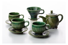 コーヒー陶器 ドリッパー コーヒーポット&ドリッパー8点セット コーヒーカップ3個 ソーサー3個 織部釉 [抱星窯 長崎県 東彼杵町 hs42bag390005] コーヒー 陶器 土物 グリーン 濃緑