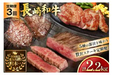 牛肉 和牛 定期便 長崎和牛 ステーキ 食べ比べ 5種 3回 総計2.2kg [黒牛 長崎県 東彼杵町 hs42bag750003] 赤身肉 赤身肉ステーキ 赤身ステーキ ヒレステーキ サーロインステーキ ランプ
