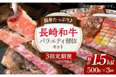 【3回定期便】脂身たっぷり♪ 長崎和牛 バラエティ 部位 セット 毎回500g×3回【川下精肉店】[OAA022] / 国産牛 黒毛和牛 和牛 さーろいん サーロインステーキ肉 ステーキ肉 リブロース ロース肉 高級焼肉 焼肉 すきやき すき焼き 焼肉用 高級 お肉 食べ比べ セット おいしい 美味しい おすすめ A4 A5 定期便