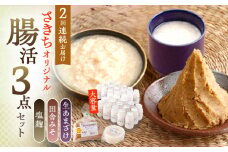 【2回定期便】さきちオリジナル 腸活3点セット（生きた酵素の生あまざけ 100g×30本・手作り糀の田舎みそ(麦みそ)・食材のうまみ倍増 塩糀）【株式会社 咲吉】[OBF033] / 味噌 みそ ミソ 甘酒 塩糀 糀 調味料 塩糀 こうじ 生甘酒 酵素甘酒 酵素調味料 健康味噌 しおこうじ なまあまざけ 酵素 米 米糀 糀 川棚甘酒 長崎産あまざけ