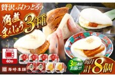 【3回定期便】角煮まんじゅう3種食べ比べ　計8個セット（角煮まん・大トロ角煮まん・チーズ角煮まん）【株式会社岩崎食品】 [OCT034]