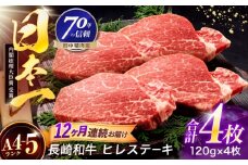 【12回定期便】長崎和牛 ヒレステーキ 120g×4枚【株式会社田中精肉店】 [OCA068]