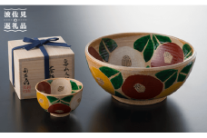 【波佐見焼】魯山人写椿 大鉢 /抹 茶碗 セット（桐箱入） どんぶり ボウル 食器 皿 【利左エ門窯】 [QB01]
