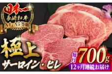 【全12回定期便】【二大高級部位！】サーロイン と ヒレ ステーキ 計700g （各4枚） 長崎和牛 A4～A5ランク 希少部位【野中精肉店】 [VF68] 肉 牛肉 赤身 サーロインステーキ ヒレステーキ 焼肉 定期便