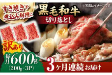 【第3回定期便】【訳あり】 切り落とし 600g 長崎和牛 黒毛和牛  【夢ファームシュシュ】 [WF35] 肉 牛肉 しゃぶしゃぶ すき焼き 訳アリ ワケあり 定期便