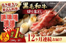【第12回定期便】【訳あり】 切り落とし 1.0kg (200g×5) 長崎和牛 黒毛和牛 【夢ファームシュシュ】 [WF40] 肉 牛肉 しゃぶしゃぶ すき焼き 訳アリ ワケあり 定期便