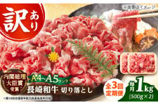 【全3回定期便】【訳あり】【A4～A5】長崎和牛焼肉切り落とし(肩ロース・バラ）　1kg（500g×2p）【株式会社 MEAT PLUS】 [DBS046]長崎和牛 和牛 国産 牛肉  長崎和牛 焼肉 切り落とし 肩ロース バラ 1kg 500g 2パック3回定期便 定期便 3回 訳あり 訳アリ